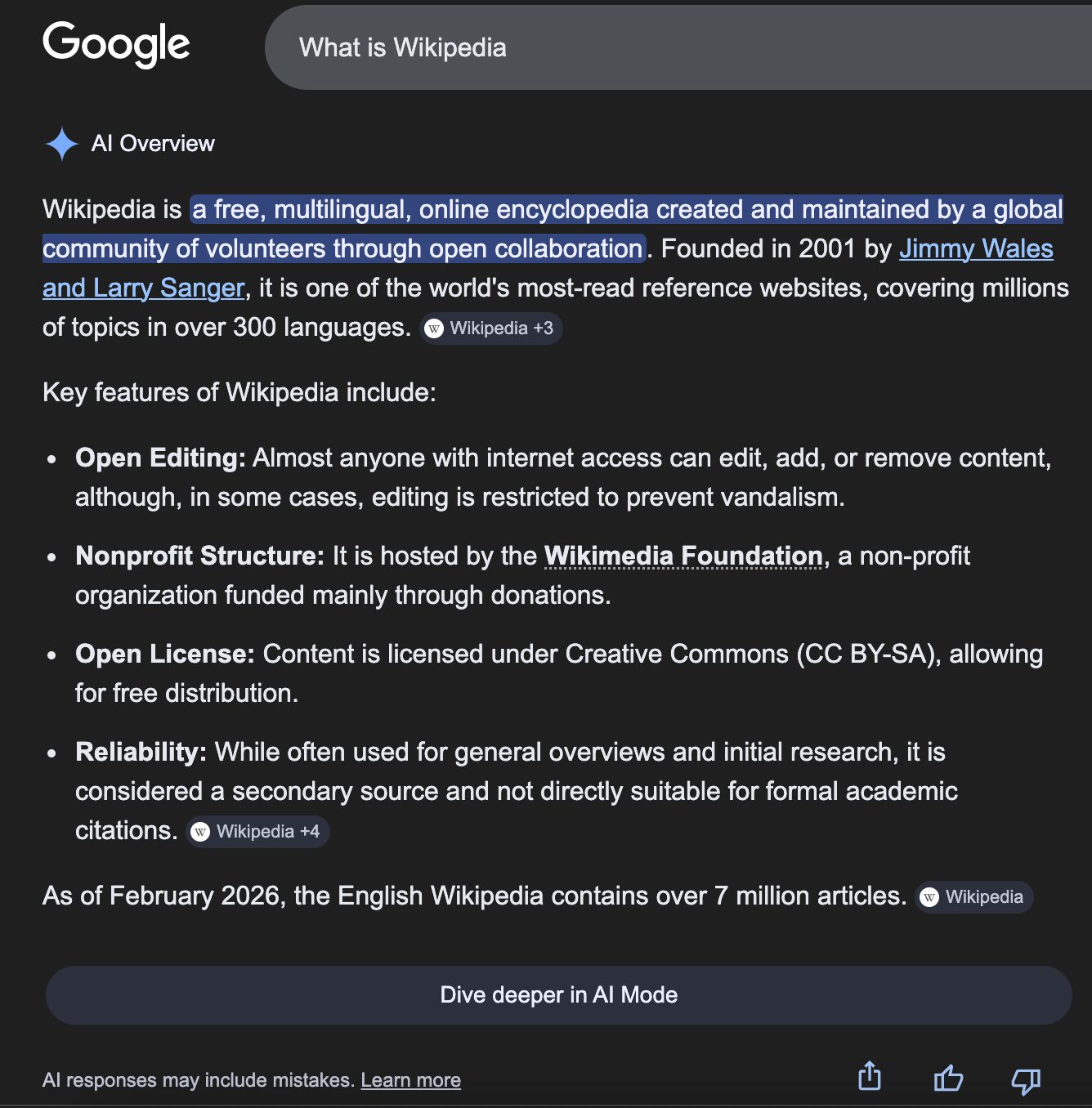 구글 검색 'What is Wikipedia' 결과 상단에 AI Overview가 요약 답변과 Wikipedia 출처 칩을 함께 보여주는 화면
