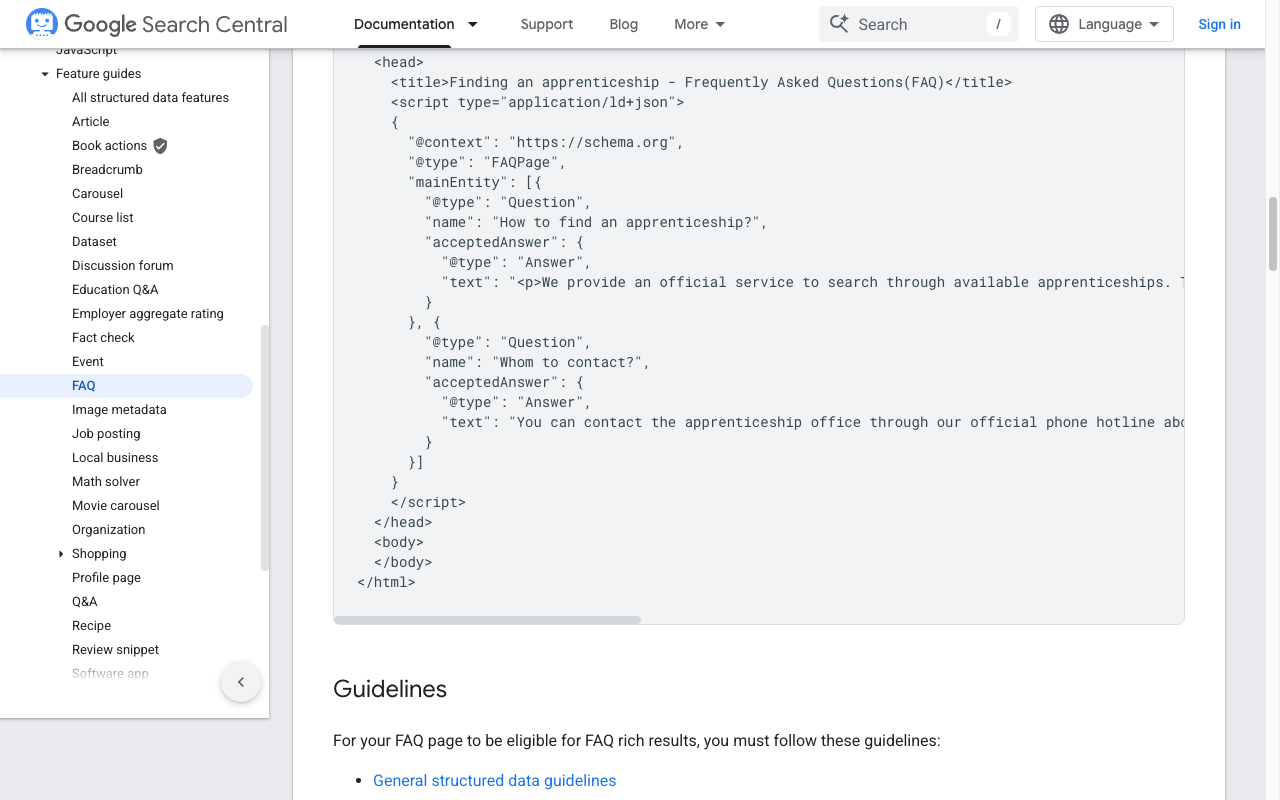 Google Search Central 공식 문서에서 제공하는 FAQPage JSON-LD 전체 예시 코드