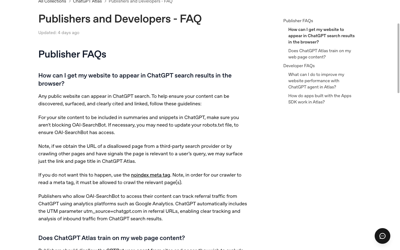 OpenAI Publishers and Developers FAQ의 공식 가이드 화면