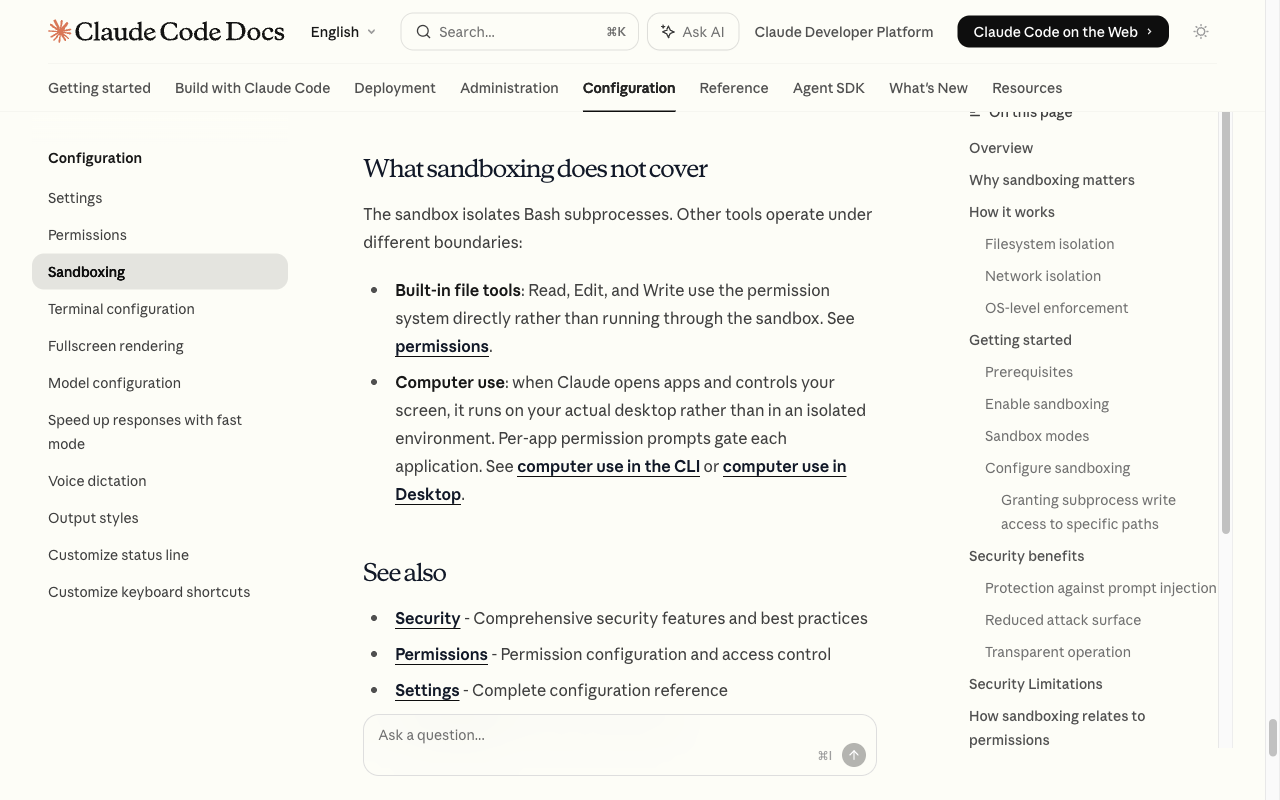 Claude Code 공식 문서의 What sandboxing does not cover — 내장 Read/Edit/Write 도구와 Computer use는 OS sandbox가 아닌 permission 시스템으로 막힌다는 설명