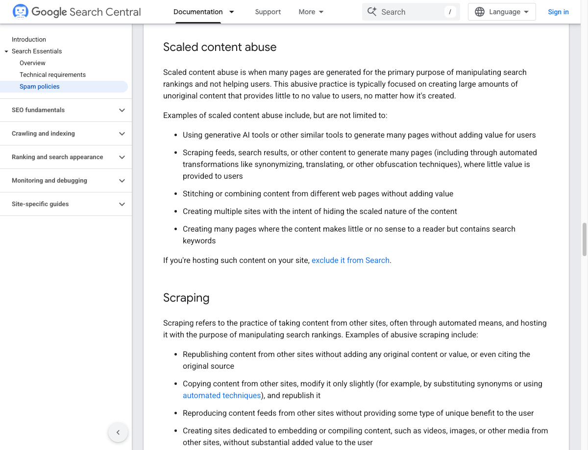 Google Search Central 스팸 정책 페이지의 Scaled content abuse 섹션 스크린샷