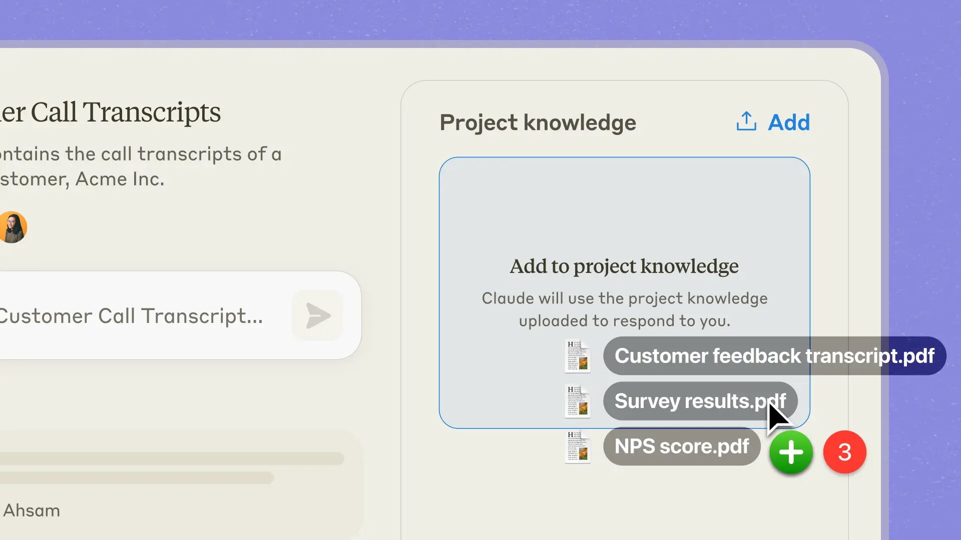 Add to project knowledge 패널에 PDF 파일 세 개가 올라간 화면