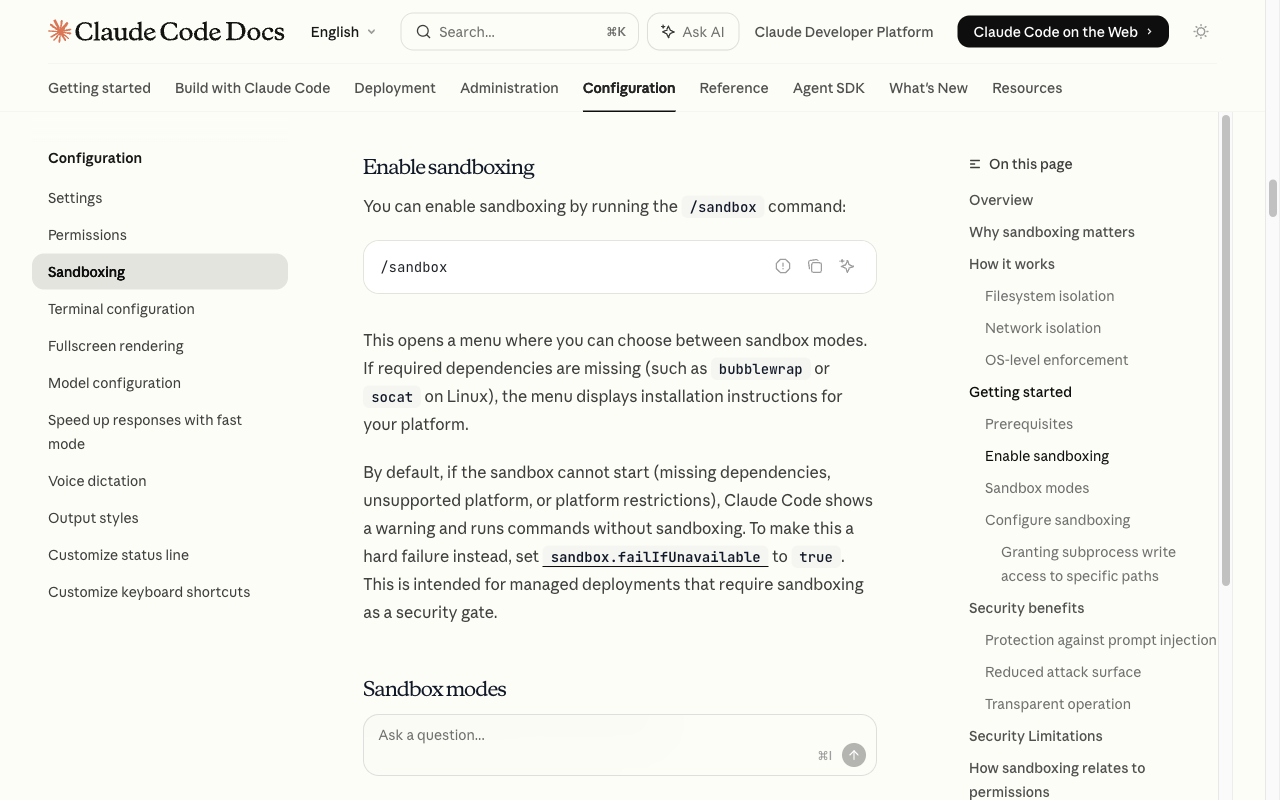 Claude Code 공식 문서의 Enable sandboxing 섹션 — /sandbox 명령과 sandbox.failIfUnavailable: true 설명
