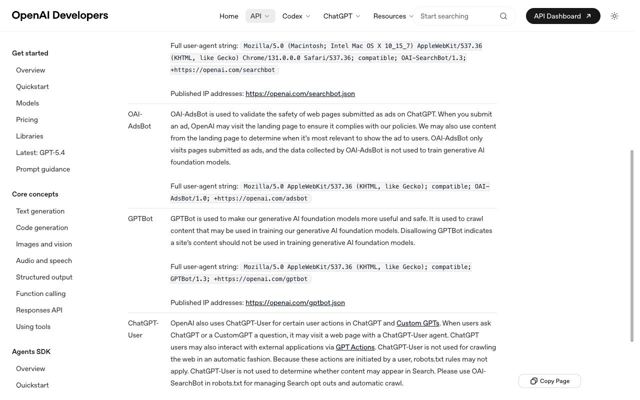 OpenAI 공식 문서 크롤러 테이블에서 OAI-SearchBot과 GPTBot 정의를 비교하는 장면