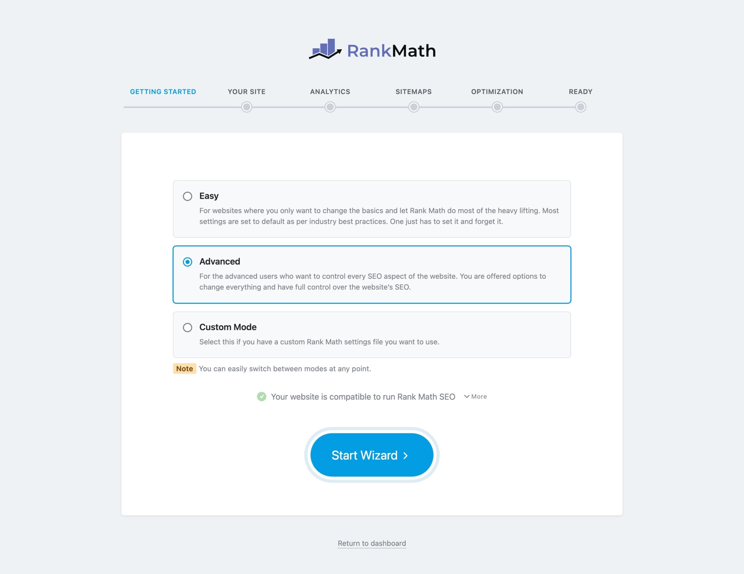 Rank Math 설치 마법사 시작 화면과 핵심 단계