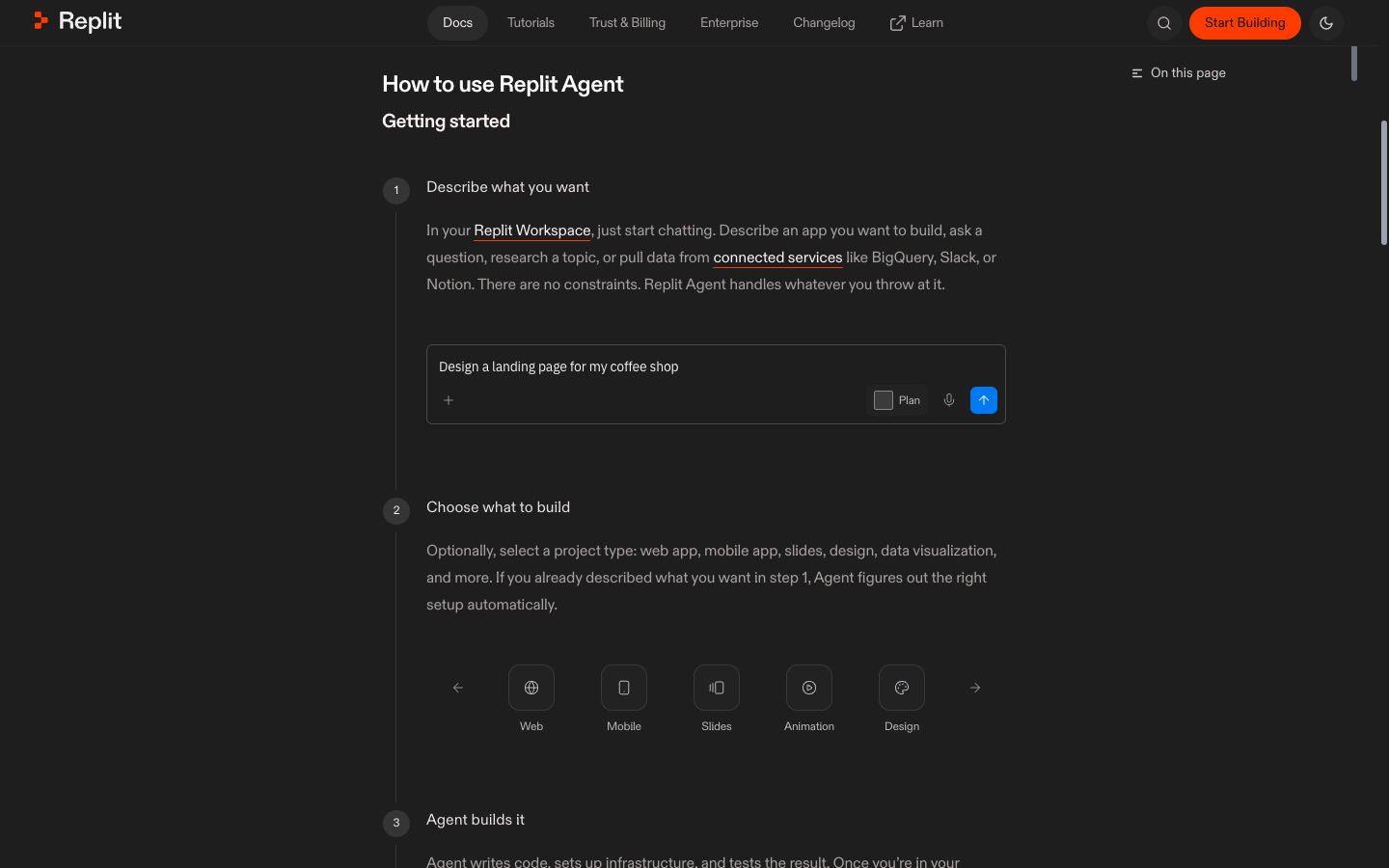 Replit Agent 공식 문서의 시작하기, Plan Mode, 모드 선택 안내 화면