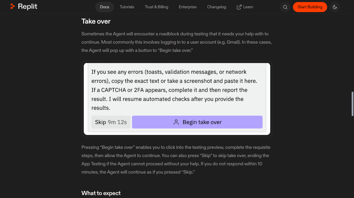 Replit App Testing에서 에러 발생 시 사용자 개입을 요청하는 Take Over 화면