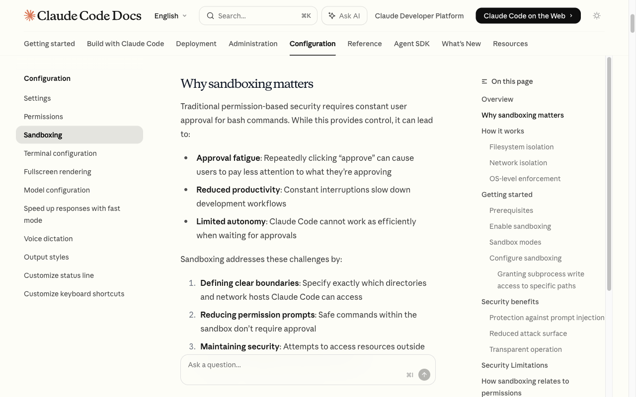 Claude Code 공식 문서의 Why sandboxing matters 섹션 — approval fatigue, reduced productivity, limited autonomy를 나열