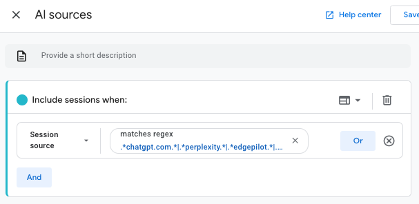 GA4 세그먼트 빌더 — Session source matches regex 조건에 chatgpt·perplexity·edgepilot 도메인이 들어간 AI sources 세그먼트 화면