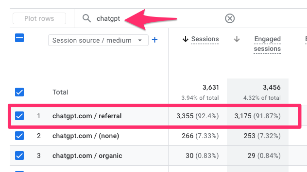 GA4 보고서에서 chatgpt.com 소스가 referral·(none)·organic 세 갈래로 갈리는 행 비교