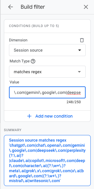 GA4 필터 빌더 — Session source matches regex 조건에 chatgpt·gemini·deepseek 등 AI 도메인 패턴이 들어간 화면