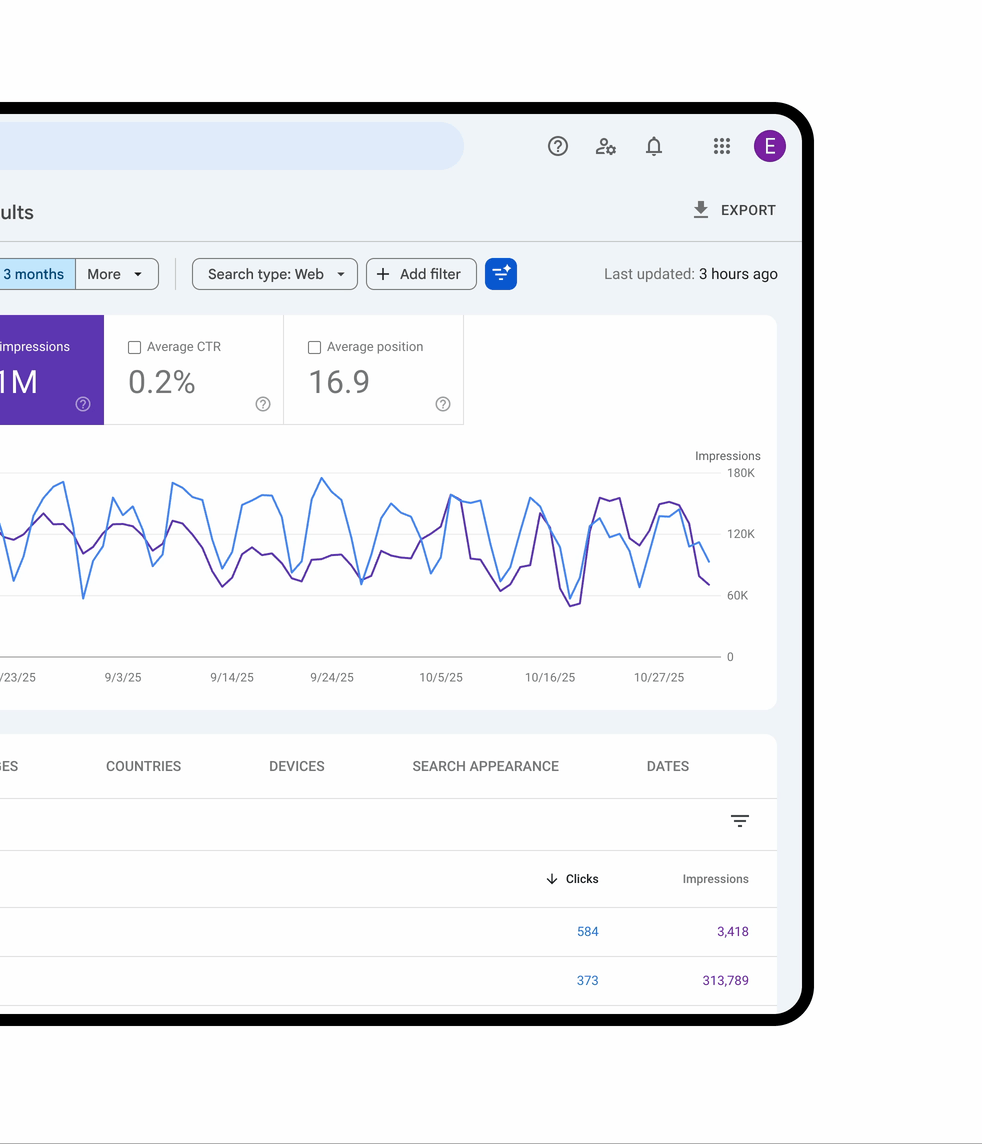 Search Console Performance — Search type Web 필터와 Search Appearance 차원이 보이는 공식 화면